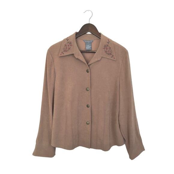Koret Stretch Tan Fax Suede Embroidered Collared Button Up Blazer Jacket Size 14 - Picture 2 of 6